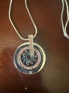 Silver-Tone Circular Pendant Necklace with Pink Crystal Accents